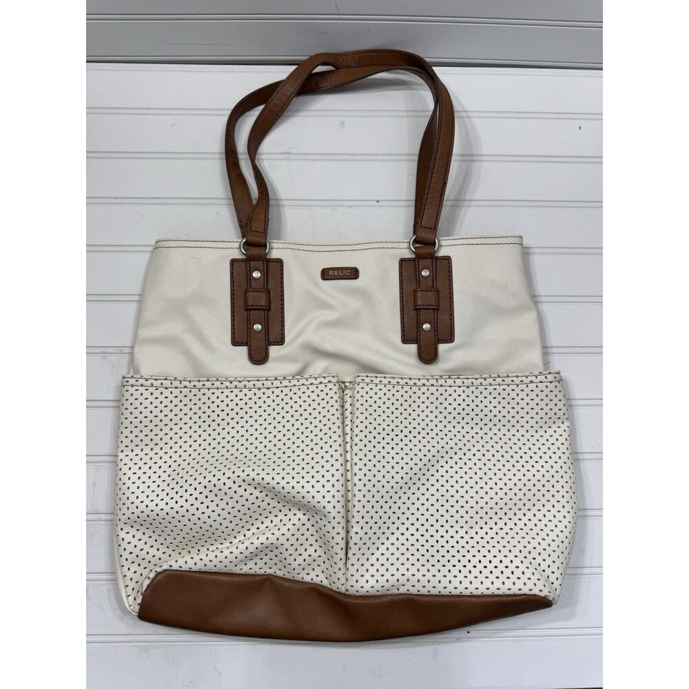 RELIC Shoulder Bag Tote Handbag Ivory Faux Leather with Brown Trim Double Handle - Picture 1 of 7